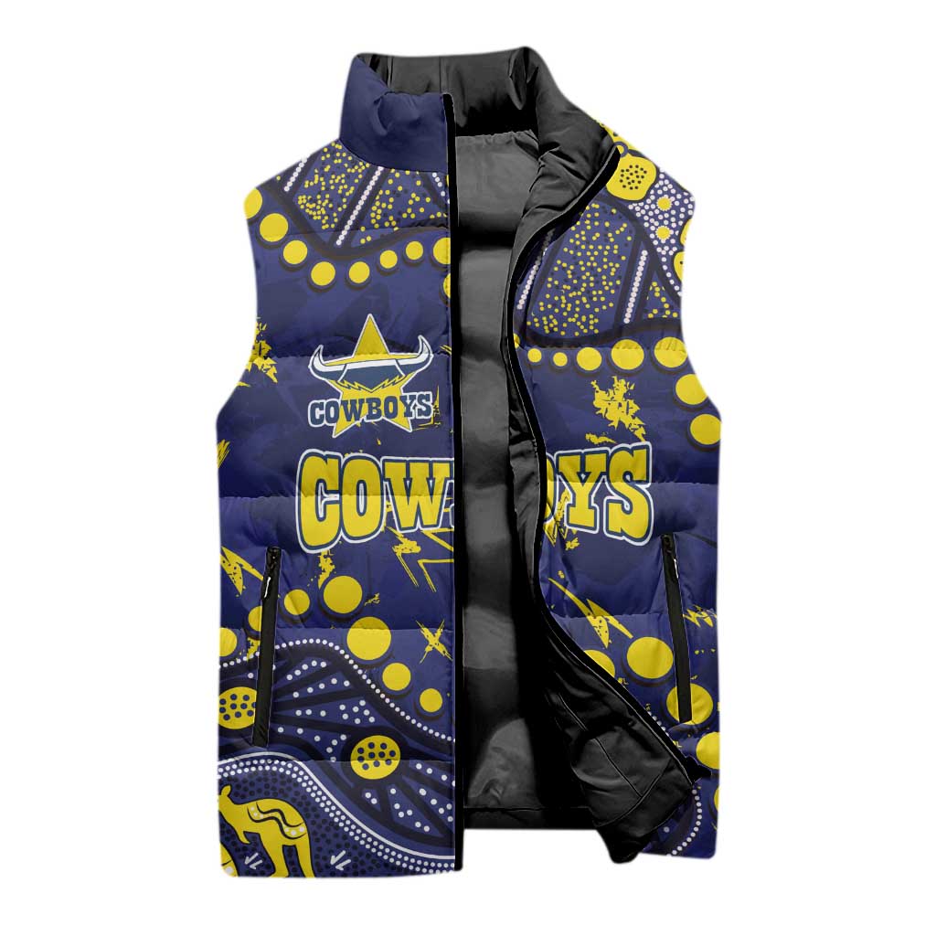 Personalized North Queensland Cowboys Sleeveless Puffer Jacket Aboriginal Pattern with Graffiti Style Design