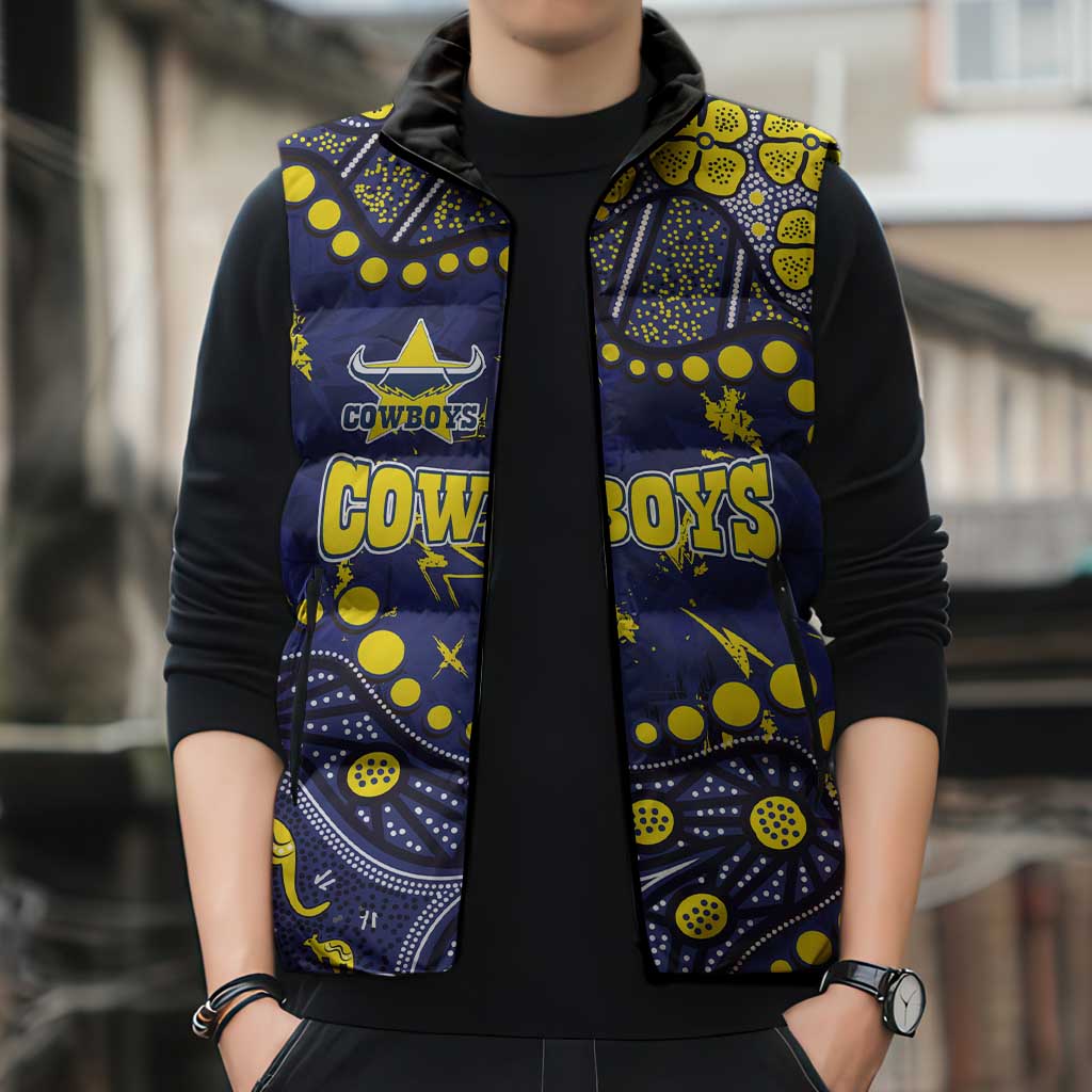 Personalized North Queensland Cowboys Sleeveless Puffer Jacket Aboriginal Pattern with Graffiti Style Design