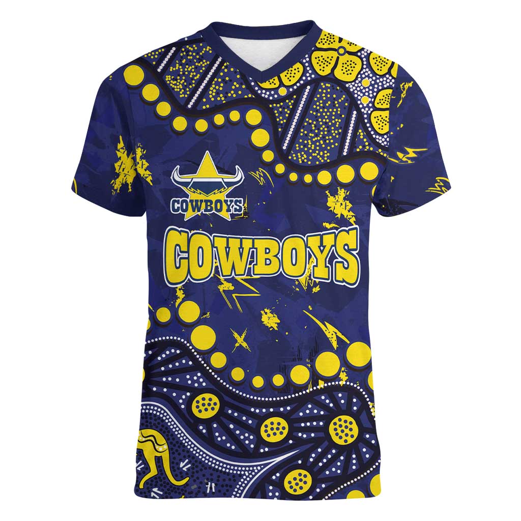 Personalized North Queensland Cowboys Women V-Neck T-Shirt Aboriginal Pattern with Graffiti Style Design