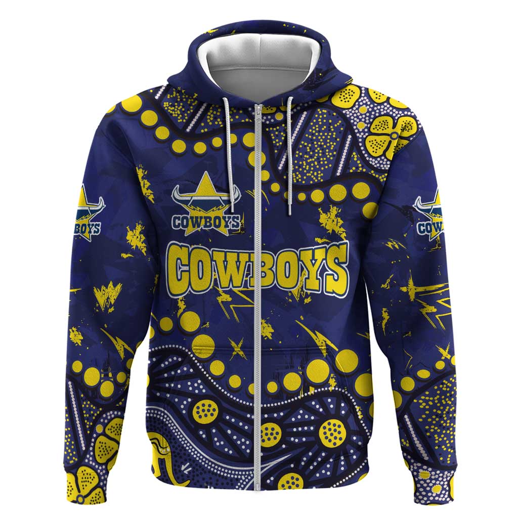 Personalized North Queensland Cowboys Zip Hoodie Aboriginal Pattern with Graffiti Style Design