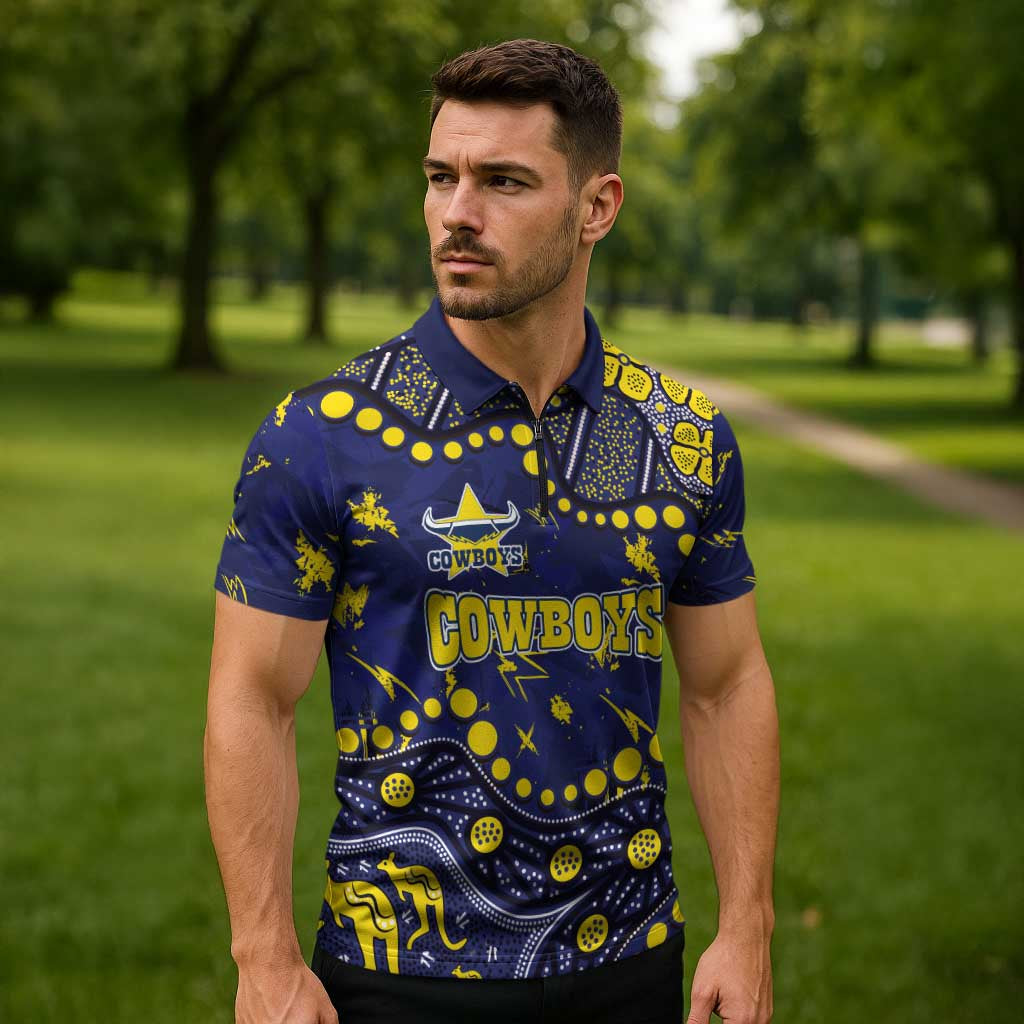 Personalized North Queensland Cowboys Zipper Polo Shirt Aboriginal Pattern with Graffiti Style Design