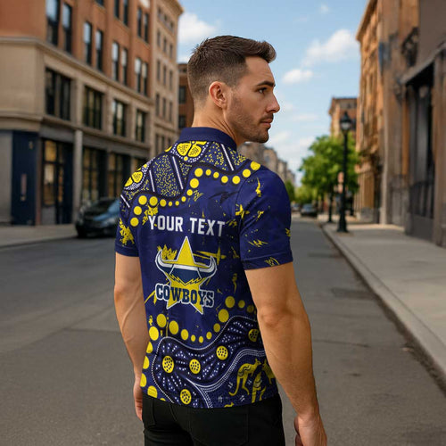 Personalized North Queensland Cowboys Zipper Polo Shirt Aboriginal Pattern with Graffiti Style Design