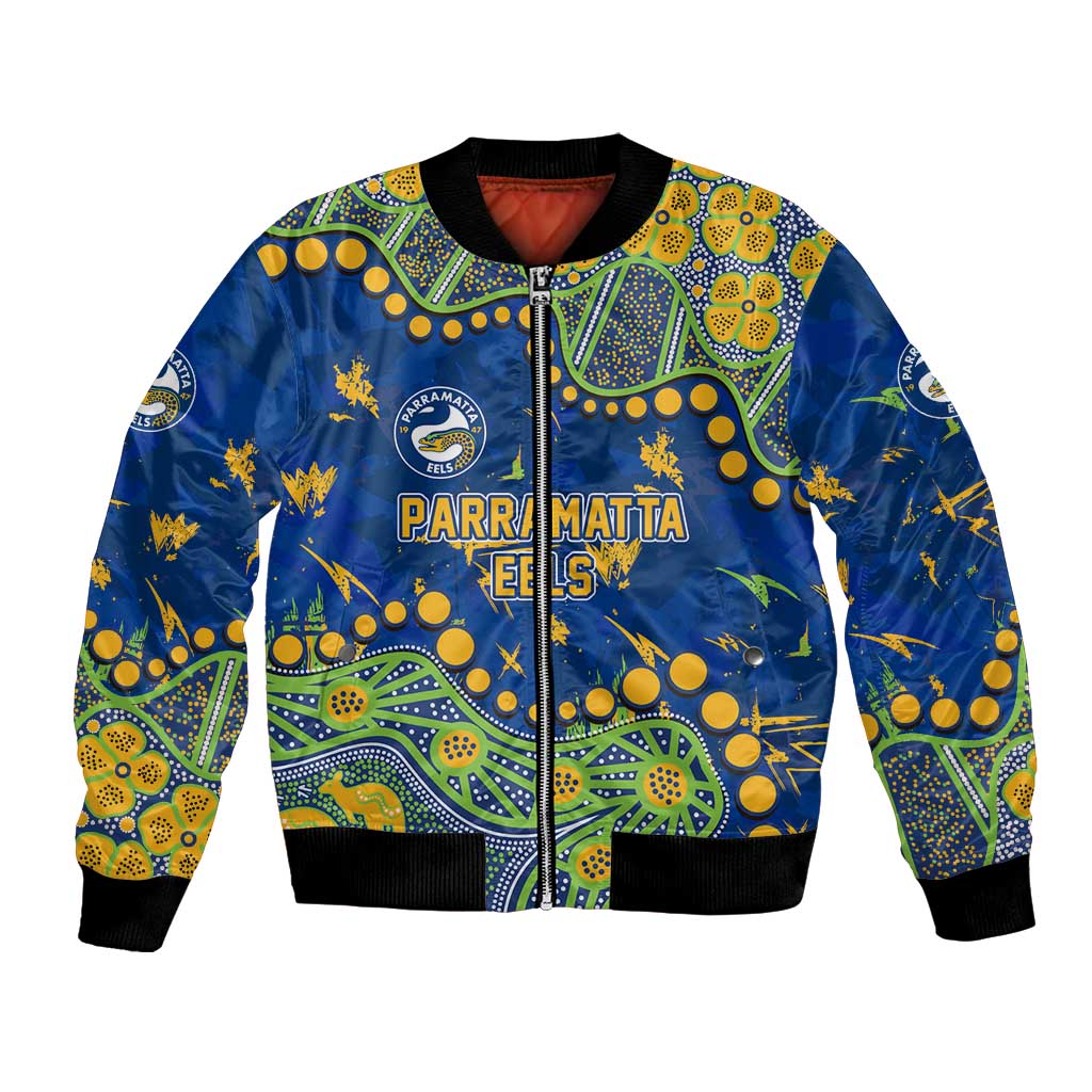 Personalized Parramatta Eels Bomber Jacket Aboriginal Pattern with Graffiti Style Design
