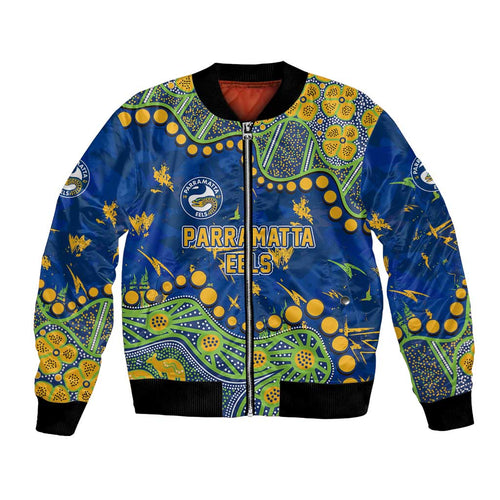 Personalized Parramatta Eels Bomber Jacket Aboriginal Pattern with Graffiti Style Design