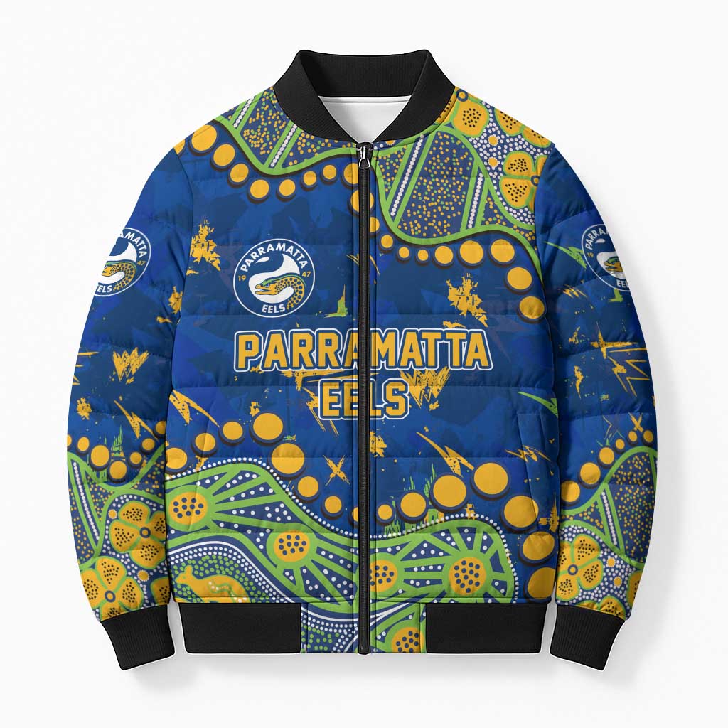 Personalized Parramatta Eels Bomber Puffer Jacket Aboriginal Pattern with Graffiti Style Design