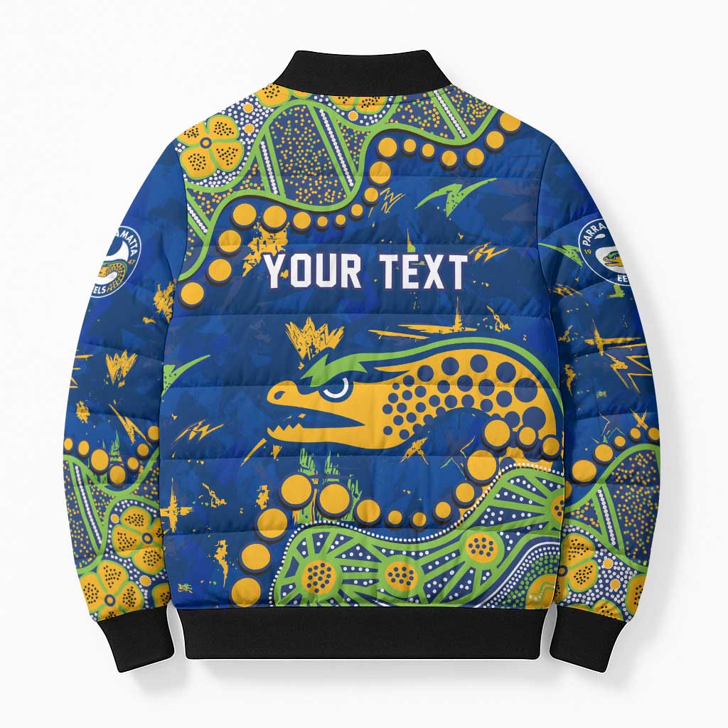 Personalized Parramatta Eels Bomber Puffer Jacket Aboriginal Pattern with Graffiti Style Design