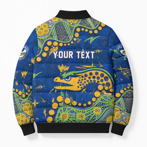 Personalized Parramatta Eels Bomber Puffer Jacket Aboriginal Pattern with Graffiti Style Design
