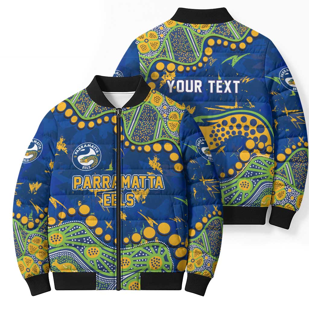 Personalized Parramatta Eels Bomber Puffer Jacket Aboriginal Pattern with Graffiti Style Design