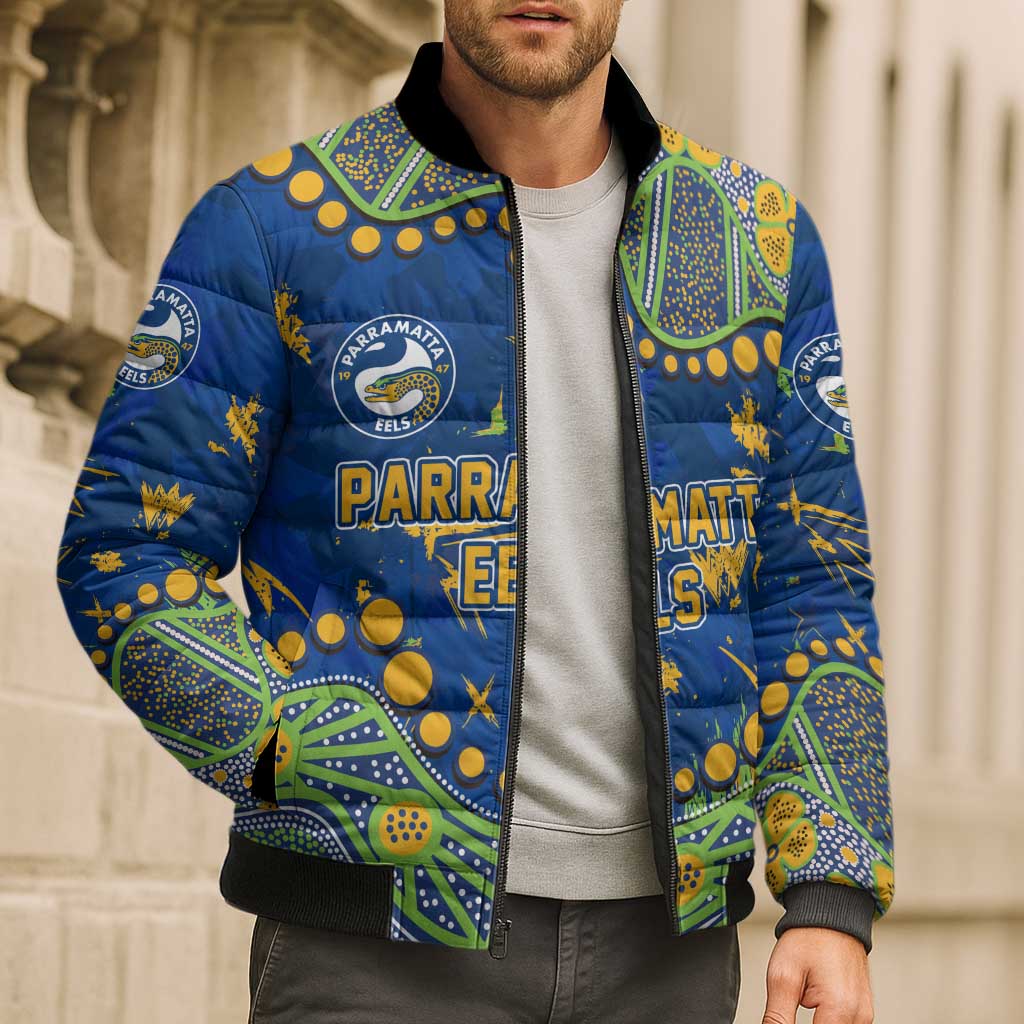 Personalized Parramatta Eels Bomber Puffer Jacket Aboriginal Pattern with Graffiti Style Design