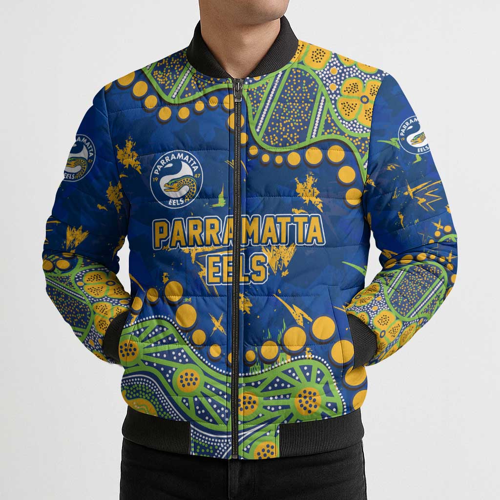 Personalized Parramatta Eels Bomber Puffer Jacket Aboriginal Pattern with Graffiti Style Design