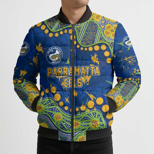 Personalized Parramatta Eels Bomber Puffer Jacket Aboriginal Pattern with Graffiti Style Design