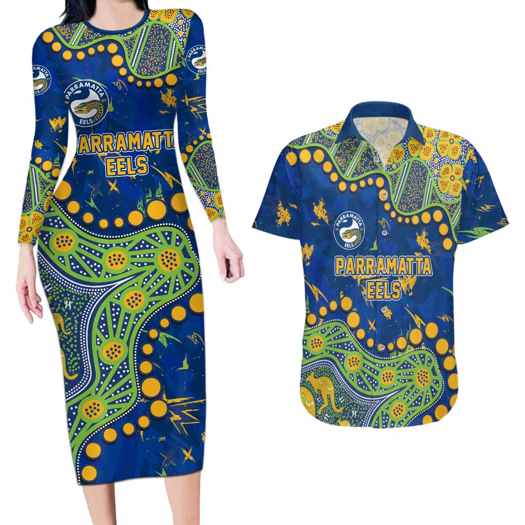 Personalized Parramatta Eels Couples Matching Long Sleeve Bodycon Dress and Hawaiian Shirt Aboriginal Pattern with Graffiti Style Design