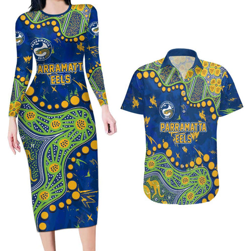 Personalized Parramatta Eels Couples Matching Long Sleeve Bodycon Dress and Hawaiian Shirt Aboriginal Pattern with Graffiti Style Design