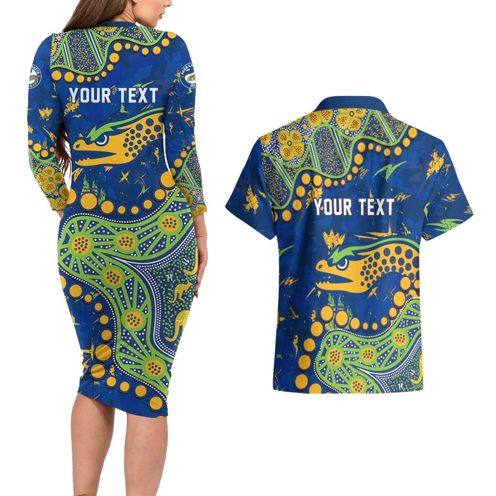 Personalized Parramatta Eels Couples Matching Long Sleeve Bodycon Dress and Hawaiian Shirt Aboriginal Pattern with Graffiti Style Design