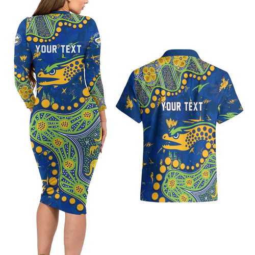 Personalized Parramatta Eels Couples Matching Long Sleeve Bodycon Dress and Hawaiian Shirt Aboriginal Pattern with Graffiti Style Design