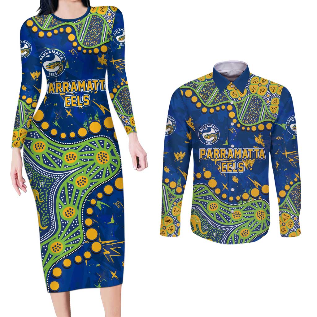Personalized Parramatta Eels Couples Matching Long Sleeve Bodycon Dress and Long Sleeve Button Shirt Aboriginal Pattern with Graffiti Style Design