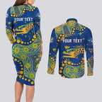 Personalized Parramatta Eels Couples Matching Long Sleeve Bodycon Dress and Long Sleeve Button Shirt Aboriginal Pattern with Graffiti Style Design