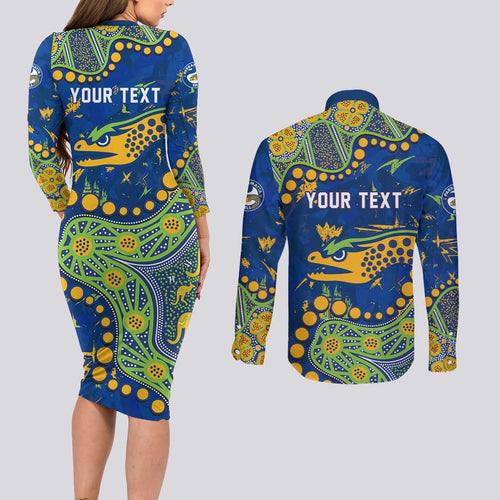 Personalized Parramatta Eels Couples Matching Long Sleeve Bodycon Dress and Long Sleeve Button Shirt Aboriginal Pattern with Graffiti Style Design