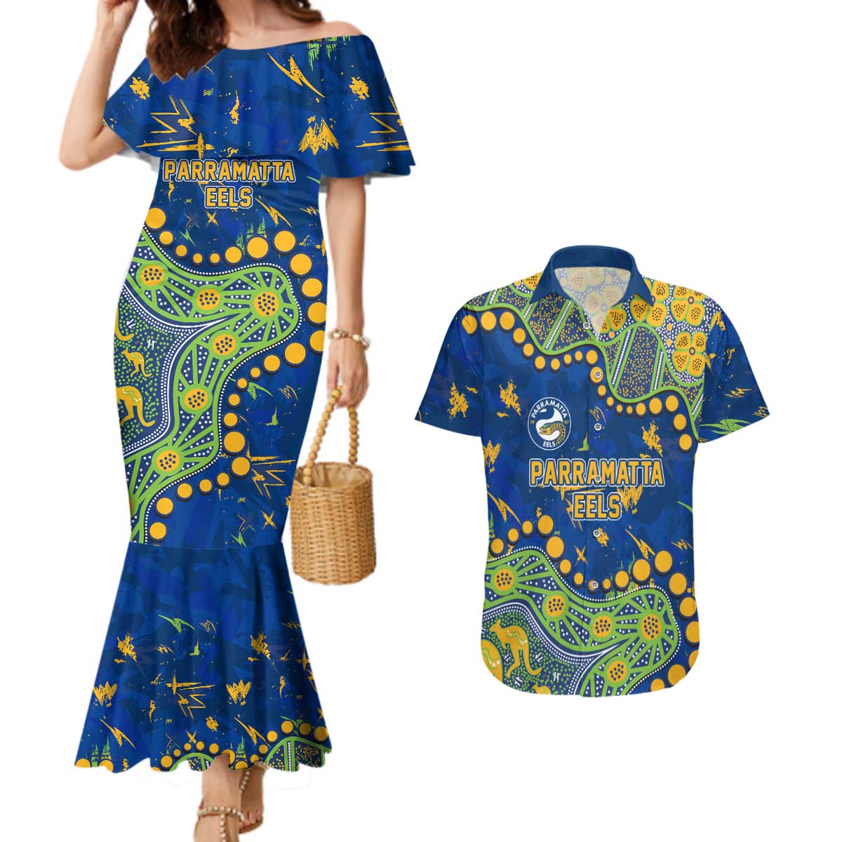 Personalized Parramatta Eels Couples Matching Mermaid Dress and Hawaiian Shirt Aboriginal Pattern with Graffiti Style Design