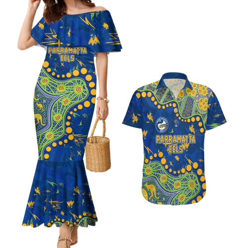 Personalized Parramatta Eels Couples Matching Mermaid Dress and Hawaiian Shirt Aboriginal Pattern with Graffiti Style Design