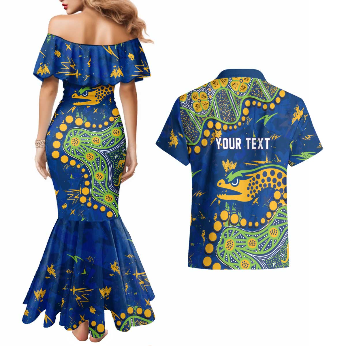 Personalized Parramatta Eels Couples Matching Mermaid Dress and Hawaiian Shirt Aboriginal Pattern with Graffiti Style Design