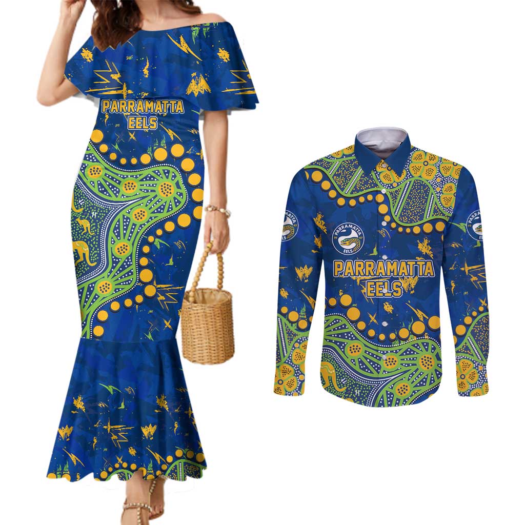 Personalized Parramatta Eels Couples Matching Mermaid Dress and Long Sleeve Button Shirt Aboriginal Pattern with Graffiti Style Design