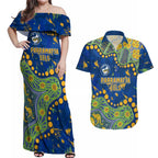 Personalized Parramatta Eels Couples Matching Off Shoulder Maxi Dress and Hawaiian Shirt Aboriginal Pattern with Graffiti Style Design