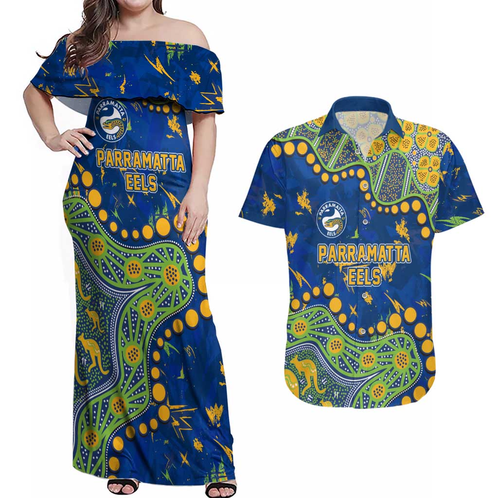 Personalized Parramatta Eels Couples Matching Off Shoulder Maxi Dress and Hawaiian Shirt Aboriginal Pattern with Graffiti Style Design