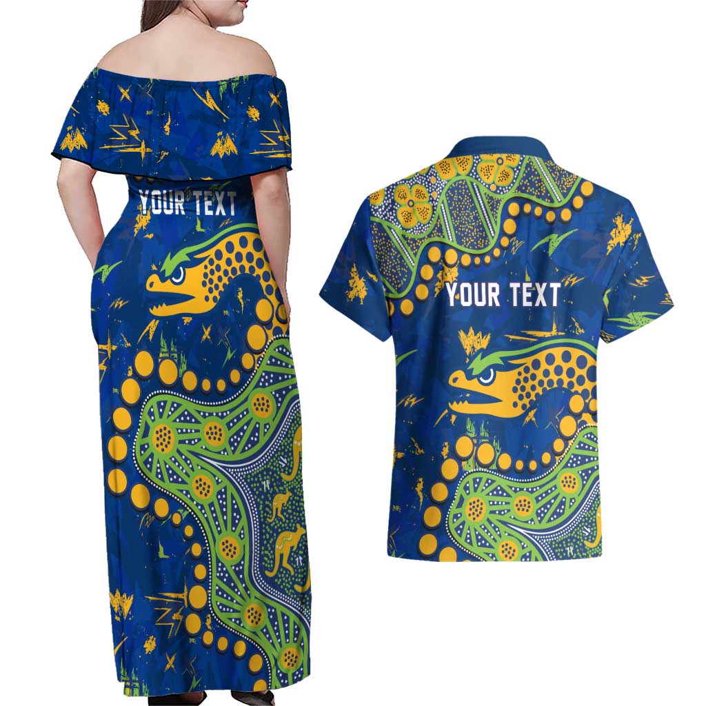 Personalized Parramatta Eels Couples Matching Off Shoulder Maxi Dress and Hawaiian Shirt Aboriginal Pattern with Graffiti Style Design