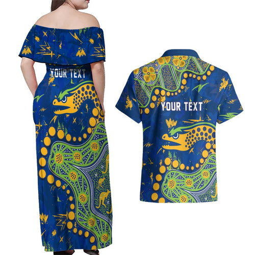 Personalized Parramatta Eels Couples Matching Off Shoulder Maxi Dress and Hawaiian Shirt Aboriginal Pattern with Graffiti Style Design