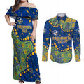 Personalized Parramatta Eels Couples Matching Off Shoulder Maxi Dress and Long Sleeve Button Shirt Aboriginal Pattern with Graffiti Style Design
