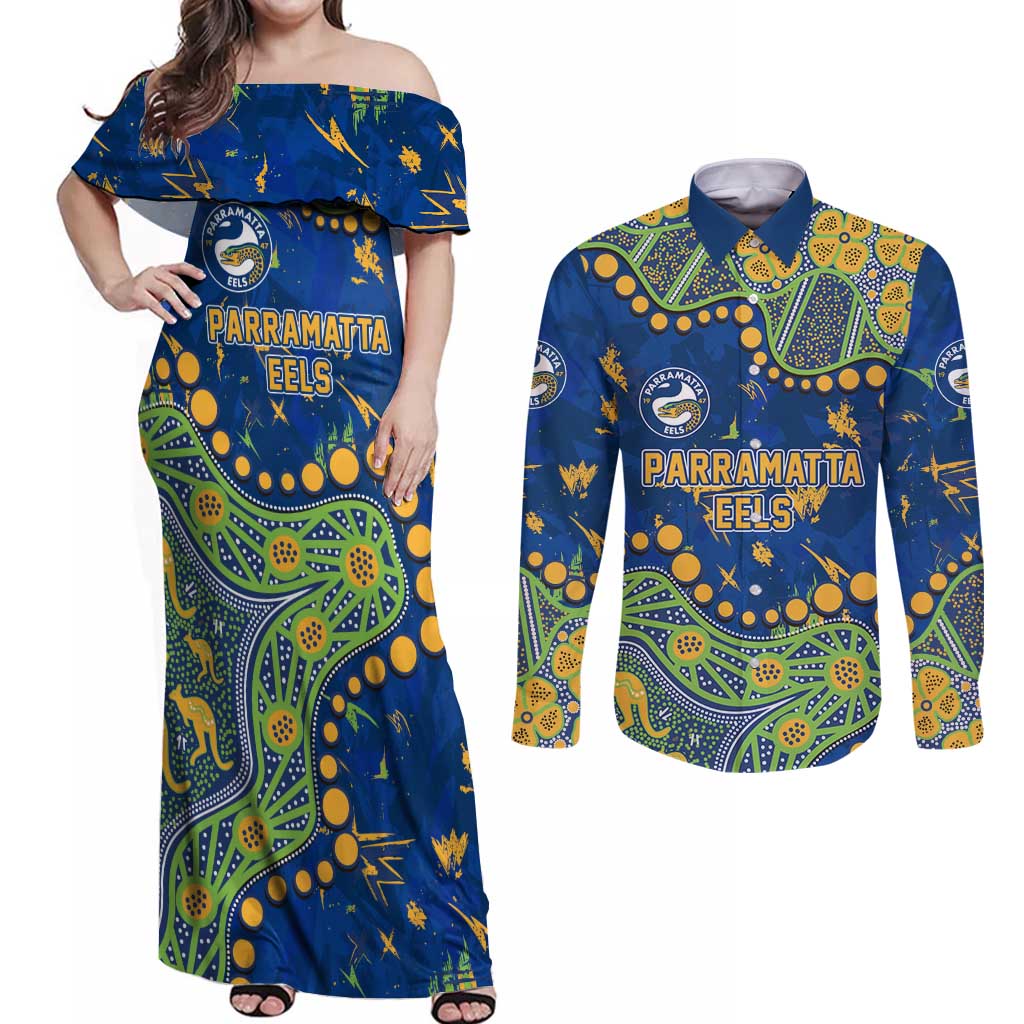 Personalized Parramatta Eels Couples Matching Off Shoulder Maxi Dress and Long Sleeve Button Shirt Aboriginal Pattern with Graffiti Style Design