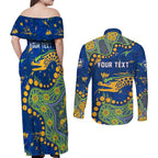 Personalized Parramatta Eels Couples Matching Off Shoulder Maxi Dress and Long Sleeve Button Shirt Aboriginal Pattern with Graffiti Style Design