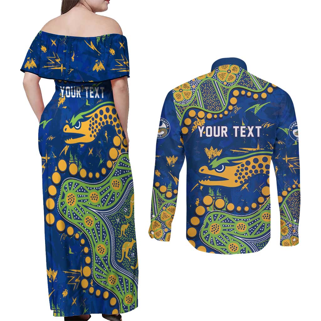 Personalized Parramatta Eels Couples Matching Off Shoulder Maxi Dress and Long Sleeve Button Shirt Aboriginal Pattern with Graffiti Style Design