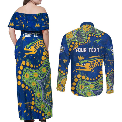 Personalized Parramatta Eels Couples Matching Off Shoulder Maxi Dress and Long Sleeve Button Shirt Aboriginal Pattern with Graffiti Style Design