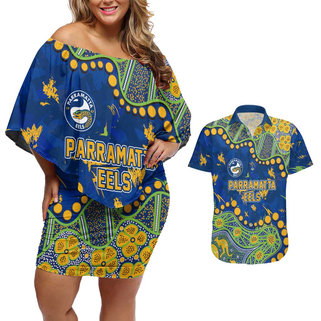 Personalized Parramatta Eels Couples Matching Off Shoulder Short Dress and Hawaiian Shirt Aboriginal Pattern with Graffiti Style Design