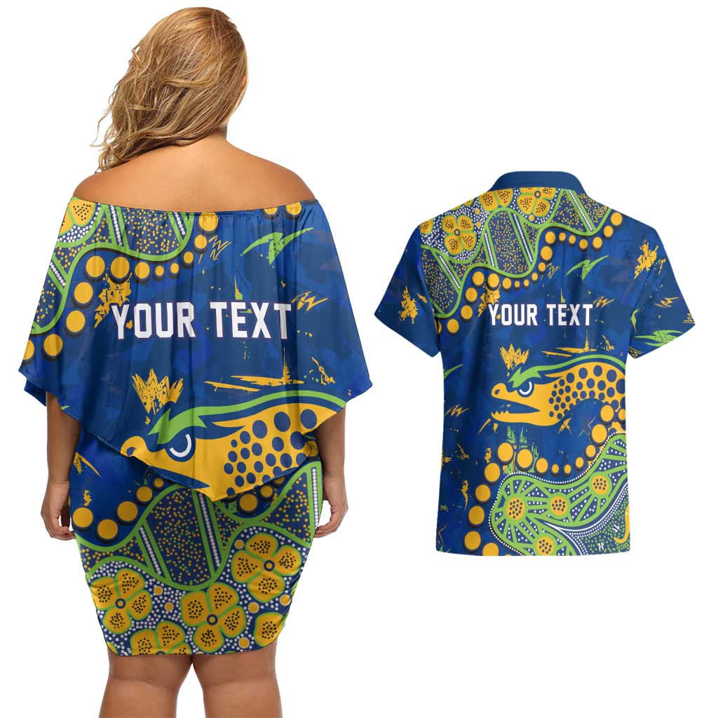 Personalized Parramatta Eels Couples Matching Off Shoulder Short Dress and Hawaiian Shirt Aboriginal Pattern with Graffiti Style Design