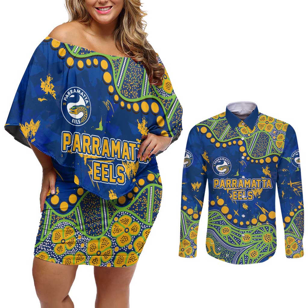 Personalized Parramatta Eels Couples Matching Off Shoulder Short Dress and Long Sleeve Button Shirt Aboriginal Pattern with Graffiti Style Design