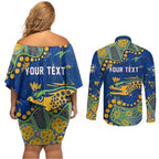 Personalized Parramatta Eels Couples Matching Off Shoulder Short Dress and Long Sleeve Button Shirt Aboriginal Pattern with Graffiti Style Design