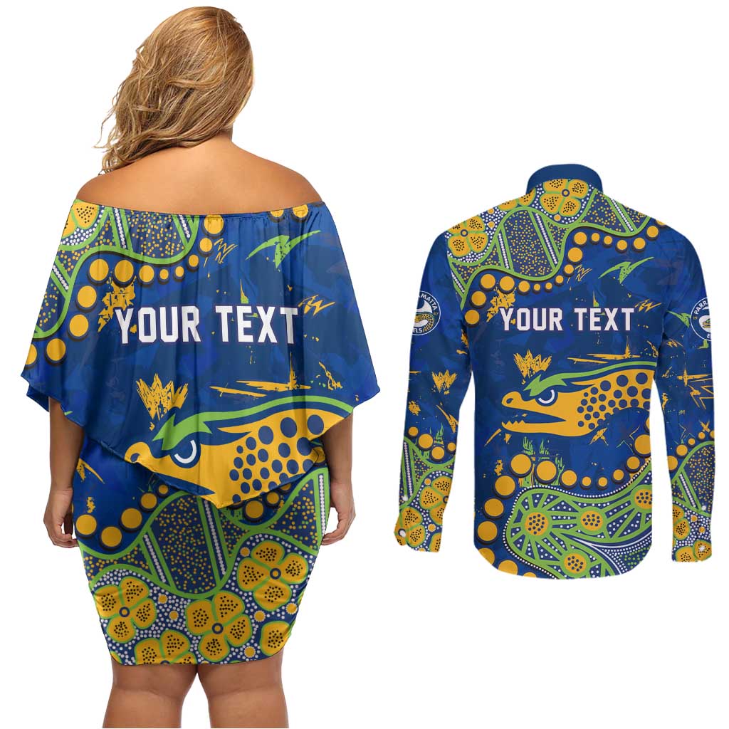 Personalized Parramatta Eels Couples Matching Off Shoulder Short Dress and Long Sleeve Button Shirt Aboriginal Pattern with Graffiti Style Design
