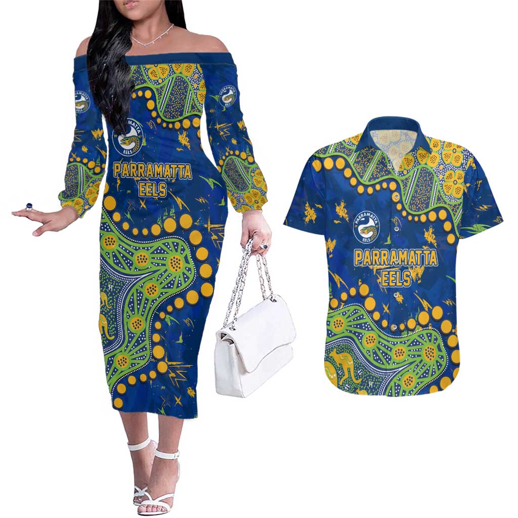 Personalized Parramatta Eels Couples Matching Off The Shoulder Long Sleeve Dress and Hawaiian Shirt Aboriginal Pattern with Graffiti Style Design