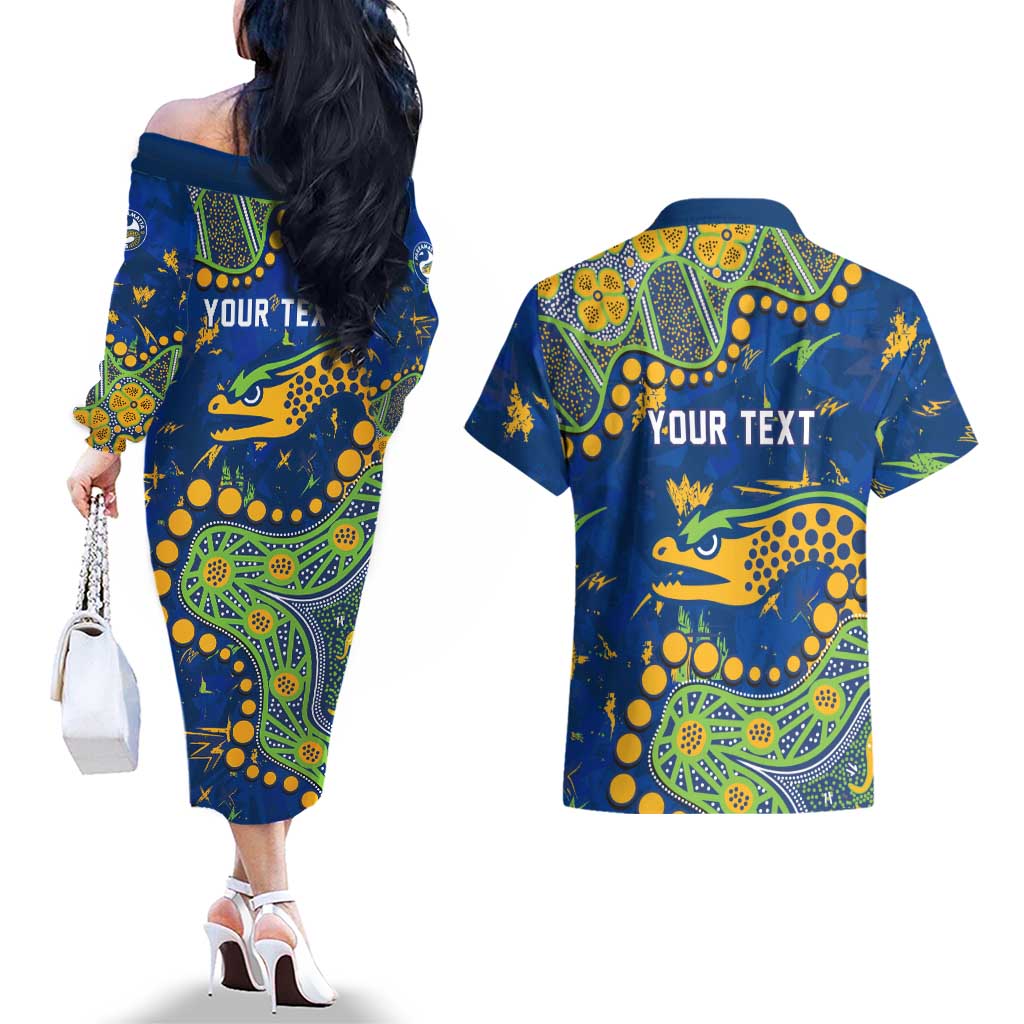Personalized Parramatta Eels Couples Matching Off The Shoulder Long Sleeve Dress and Hawaiian Shirt Aboriginal Pattern with Graffiti Style Design
