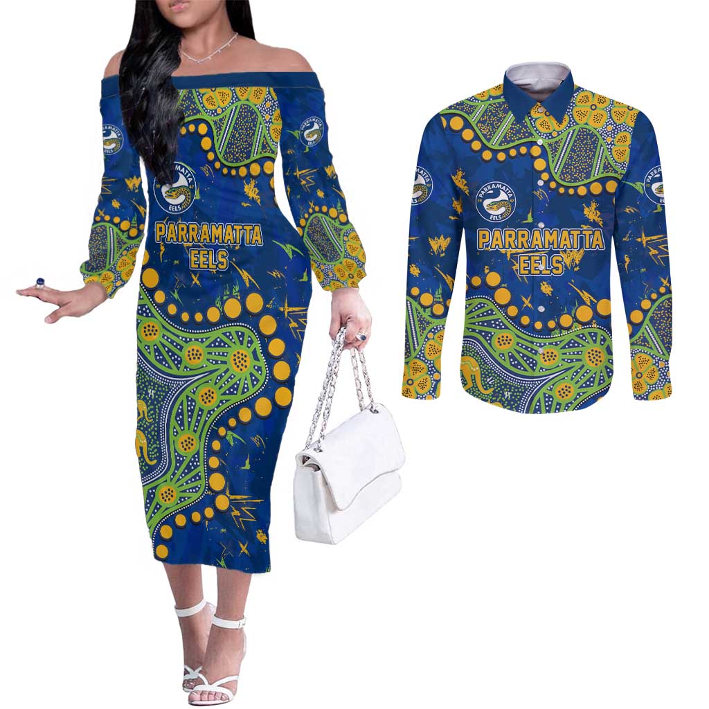 Personalized Parramatta Eels Couples Matching Off The Shoulder Long Sleeve Dress and Long Sleeve Button Shirt Aboriginal Pattern with Graffiti Style Design