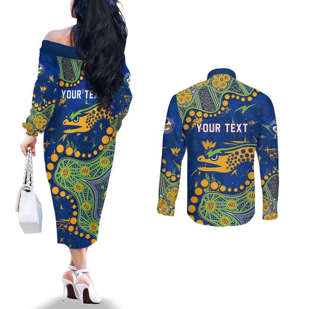 Personalized Parramatta Eels Couples Matching Off The Shoulder Long Sleeve Dress and Long Sleeve Button Shirt Aboriginal Pattern with Graffiti Style Design