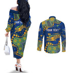 Personalized Parramatta Eels Couples Matching Off The Shoulder Long Sleeve Dress and Long Sleeve Button Shirt Aboriginal Pattern with Graffiti Style Design
