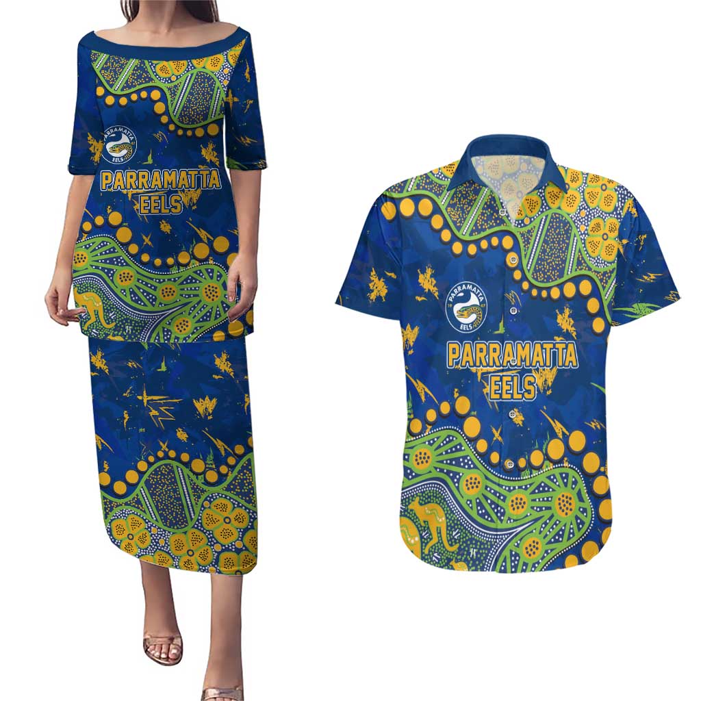 Personalized Parramatta Eels Couples Matching Puletasi and Hawaiian Shirt Aboriginal Pattern with Graffiti Style Design
