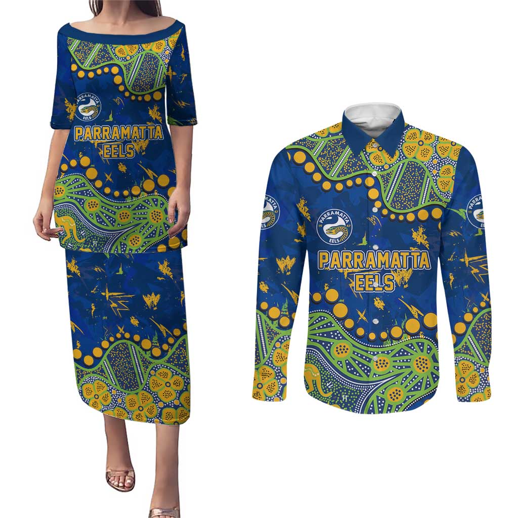 Personalized Parramatta Eels Couples Matching Puletasi and Long Sleeve Button Shirt Aboriginal Pattern with Graffiti Style Design