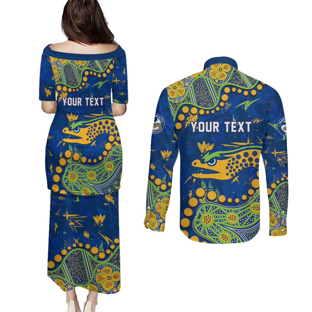 Personalized Parramatta Eels Couples Matching Puletasi and Long Sleeve Button Shirt Aboriginal Pattern with Graffiti Style Design