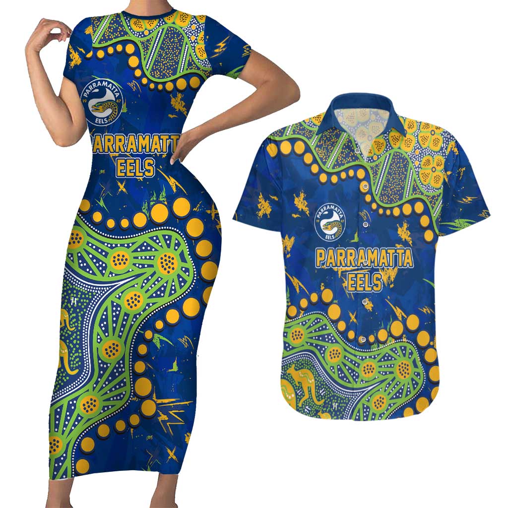 Personalized Parramatta Eels Couples Matching Short Sleeve Bodycon Dress and Hawaiian Shirt Aboriginal Pattern with Graffiti Style Design