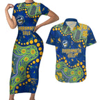 Personalized Parramatta Eels Couples Matching Short Sleeve Bodycon Dress and Hawaiian Shirt Aboriginal Pattern with Graffiti Style Design